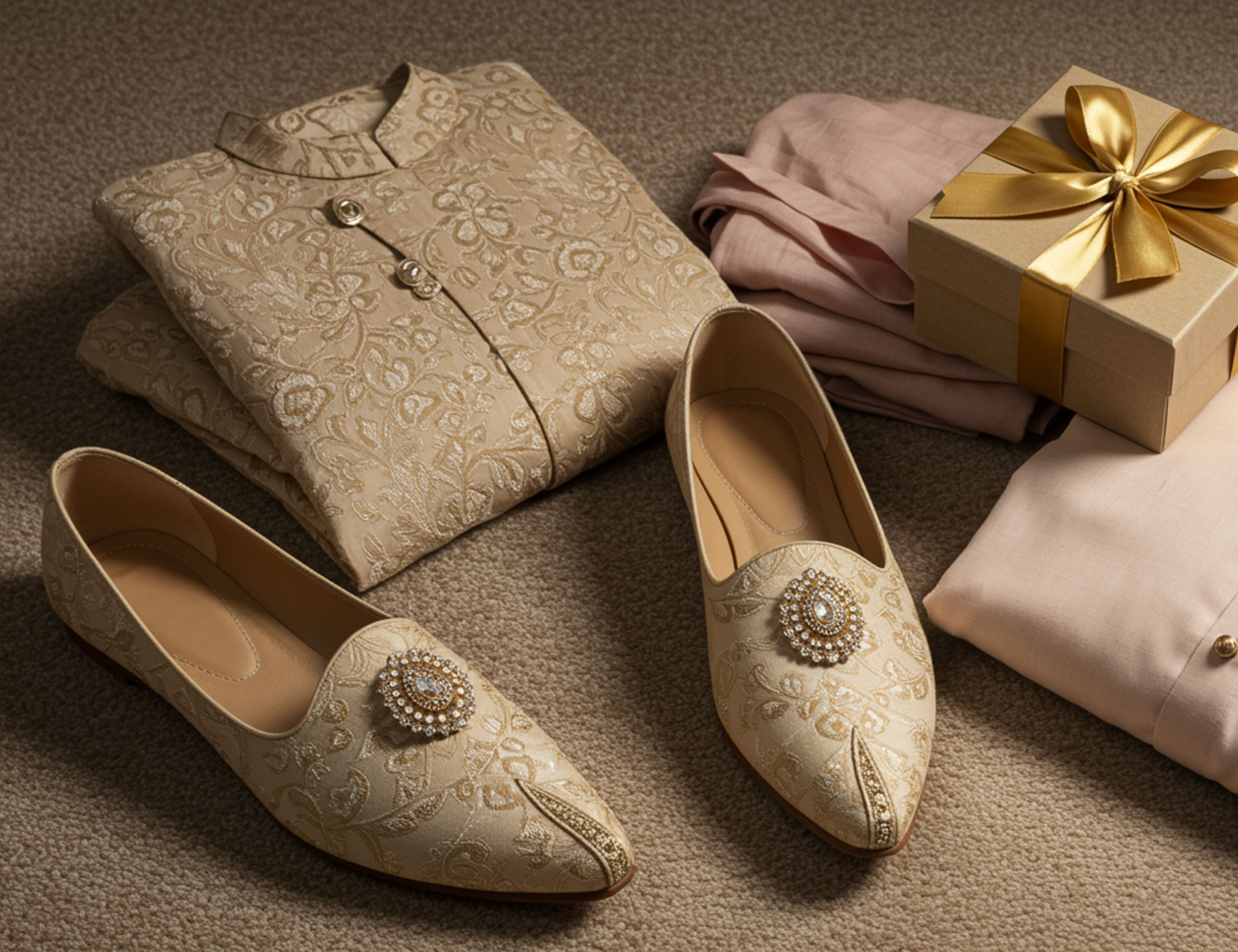 Flat lay of groom's wedding essentials including embroidered sherwani, cream-colored mojaris with brooch, soft pink dupatta, and gift box with golden ribbon
